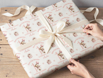 Gift wrapped in the personalised pink ballerina teddy bear wrapping paper and finished with ribbon.