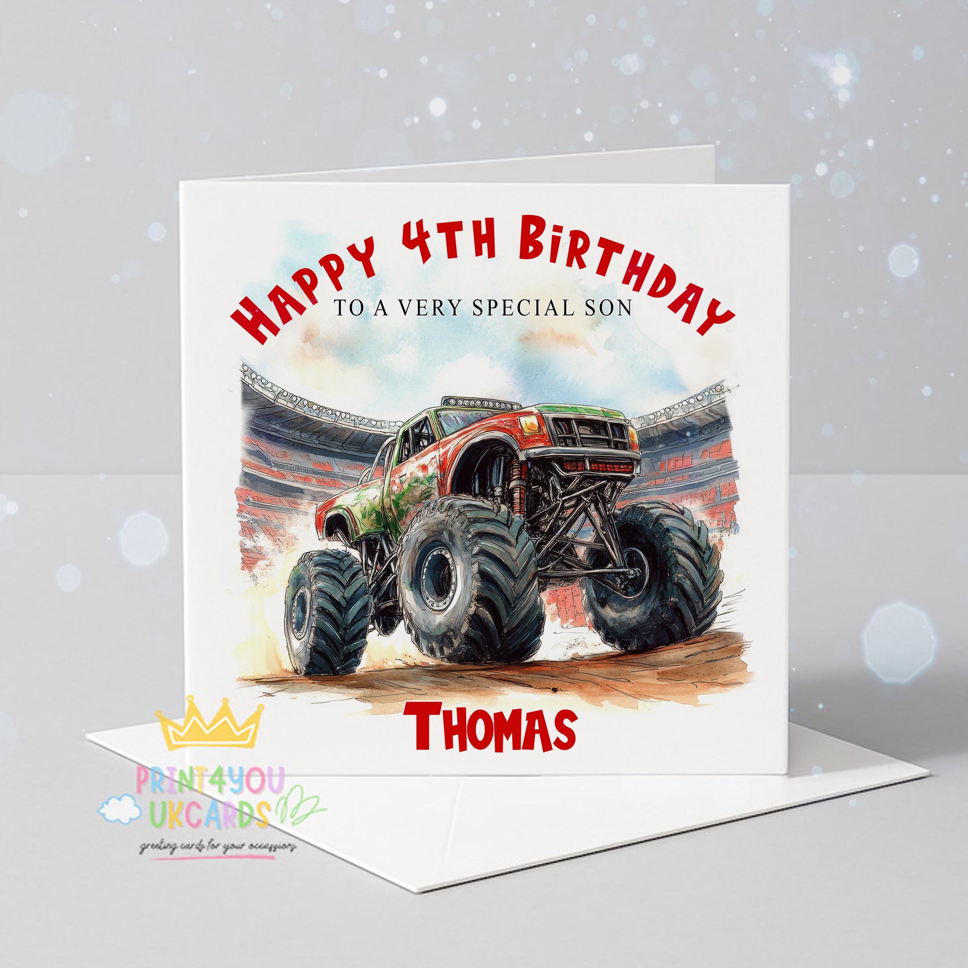 Personalised monster truck birthday card with a bold vehicle illustration, printed with a custom name and age.