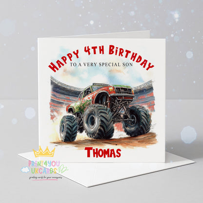 Personalised monster truck birthday card with a bold vehicle illustration, printed with a custom name and age.