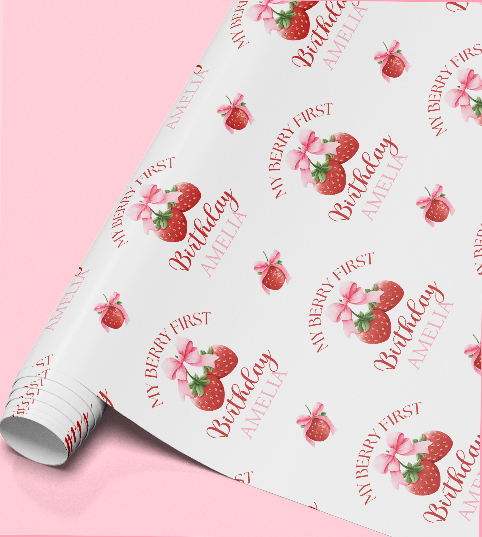 Full repeat pattern of the personalised strawberry wrapping paper design