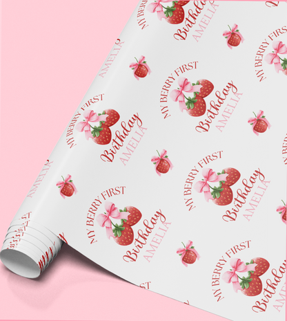 Full repeat pattern of the personalised strawberry wrapping paper design