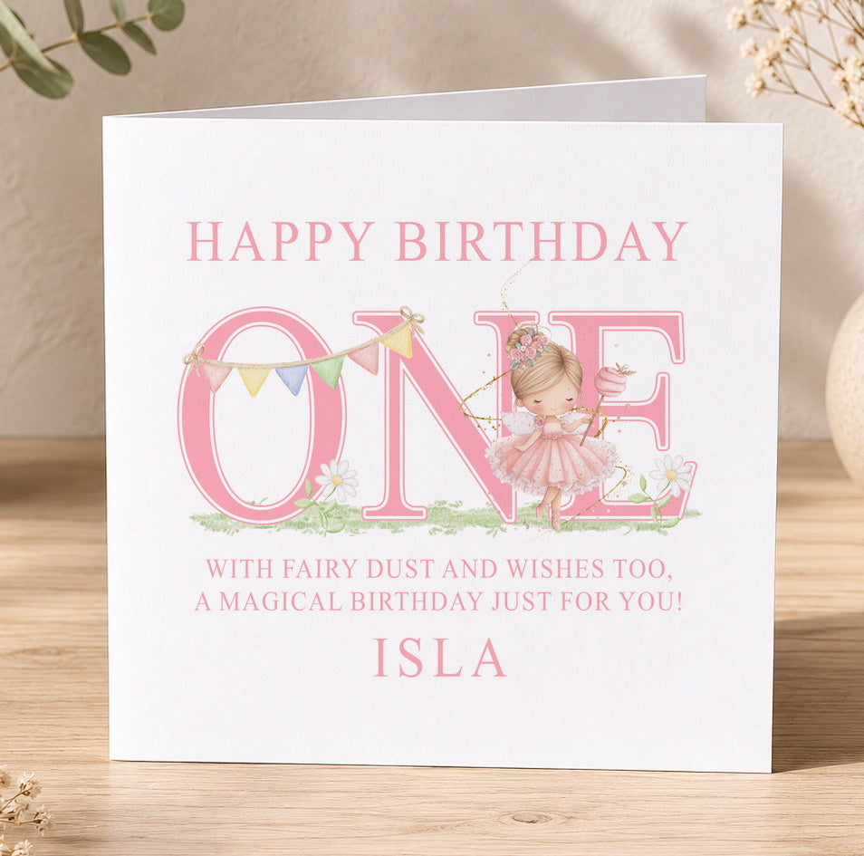 Square first birthday card for Isla featuring a pink illustrated fairy and a large number one, with a magical birthday message.