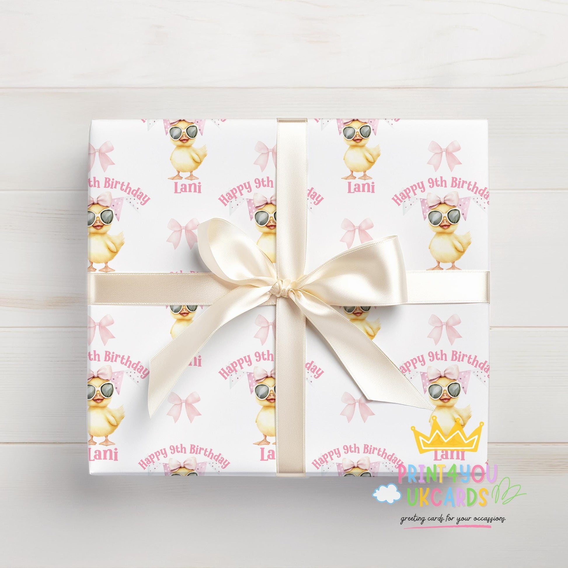 An additional close-up of the sunglasses duck pattern and pink birthday design on the wrapping paper