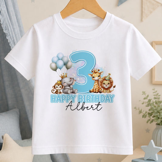 White cotton birthday t-shirt printed with a blue number 3, a giraffe, a monkey and an elephant, personalised with a child's name