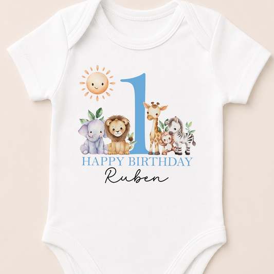 Personalised sunny safari friends first birthday outfit with elephant, lion, giraffe and zebra design and custom name.