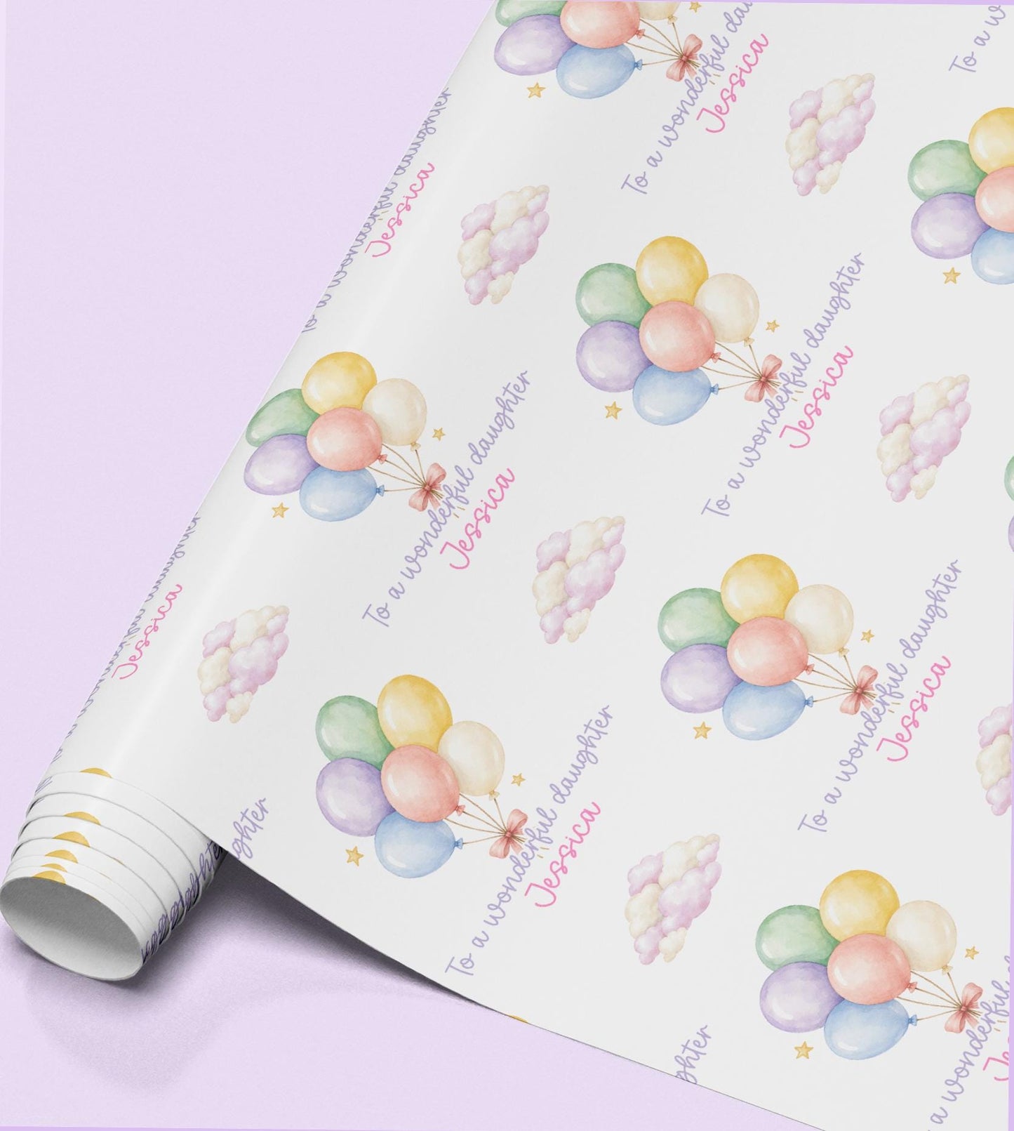 A roll of wrapping paper with a repeating pattern of pastel balloons and fluffy clouds