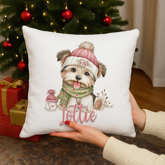 Personalised Christmas Dog Cushion – Custom Name, Cute Puppy Illustration, Soft Polyester - Cushion cover only