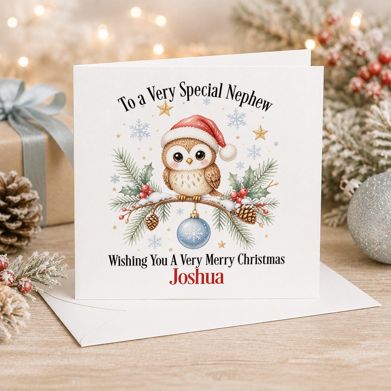 Personalised owl Christmas card, white 6x6 inch square card printed with an owl in a Santa hat holding a silver bauble with a name