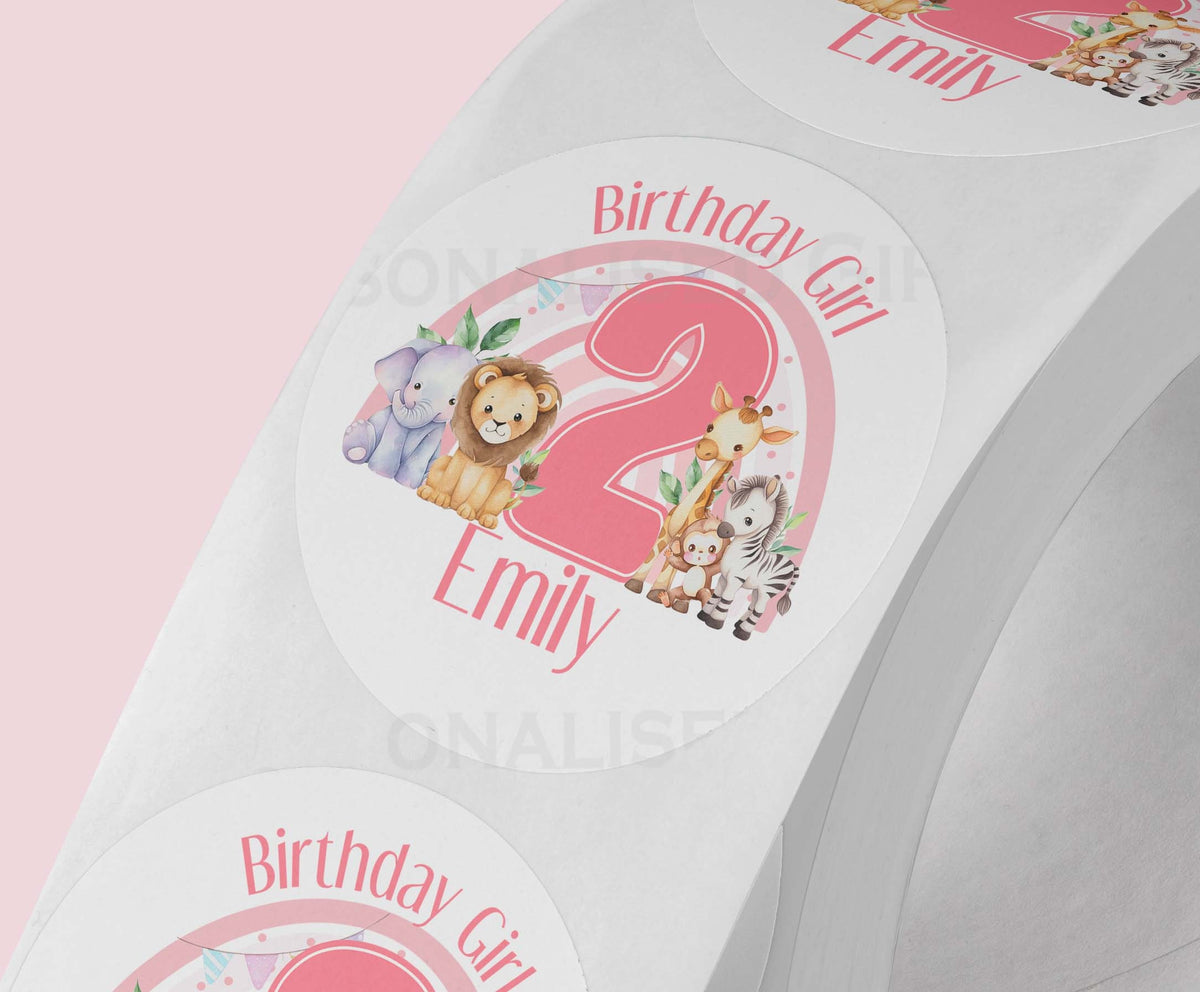 Personalised Pink Safari Animal Rainbow with number Stickers – High – Quality Shiny White Gloss 5cm Stickers – Perfect for Party Bags - Strips (5cm each)
