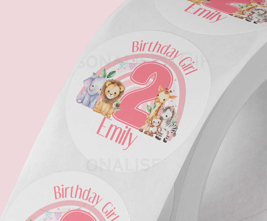 Personalised Pink Safari Animal Rainbow with number Stickers – High – Quality Shiny White Gloss 5cm Stickers – Perfect for Party Bags - Strips (5cm each)