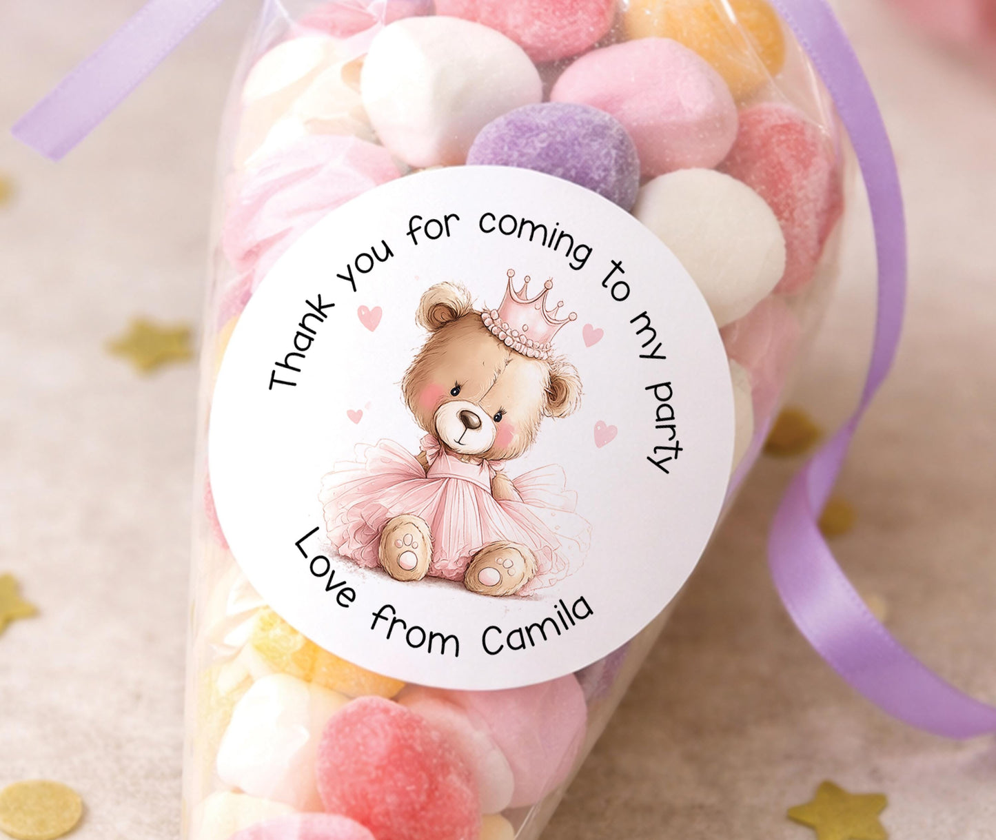 Sheet of personalised round glossy ballerina stickers with a pink princess design, ideal as party bag labels and favour tags.