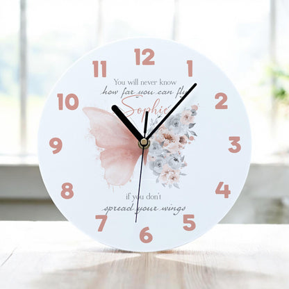 Close-up of the personalised blush butterfly acrylic clock face with positivity quote