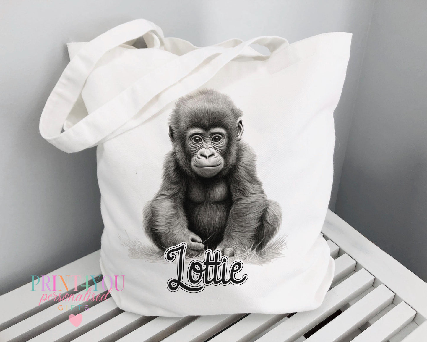 Large personalised white cotton tote bag with Highland Cow print and custom name