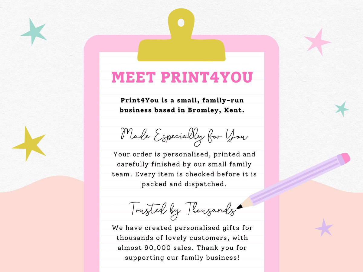 The image is a promotional poster for a small family-run business called Print4You, based in Bromley, Kent. The poster features a pink clipboard with text and a pencil, along with colorful stars in the background.