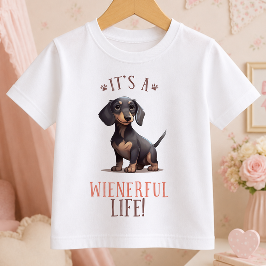 A white t-shirt with a cartoon image of a dachshund dog and the text "It's a Wienerful Life!" printed on it.