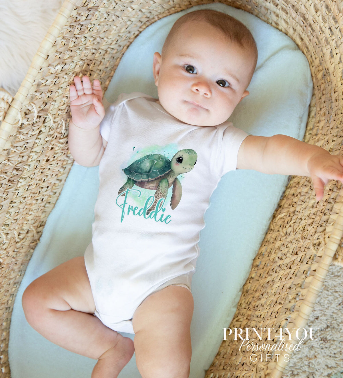 Personalised Sea Turtle design baby vest for newborns, printed on soft cotton.
