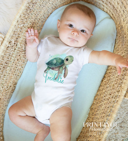 Personalised Sea Turtle design baby vest for newborns, printed on soft cotton.