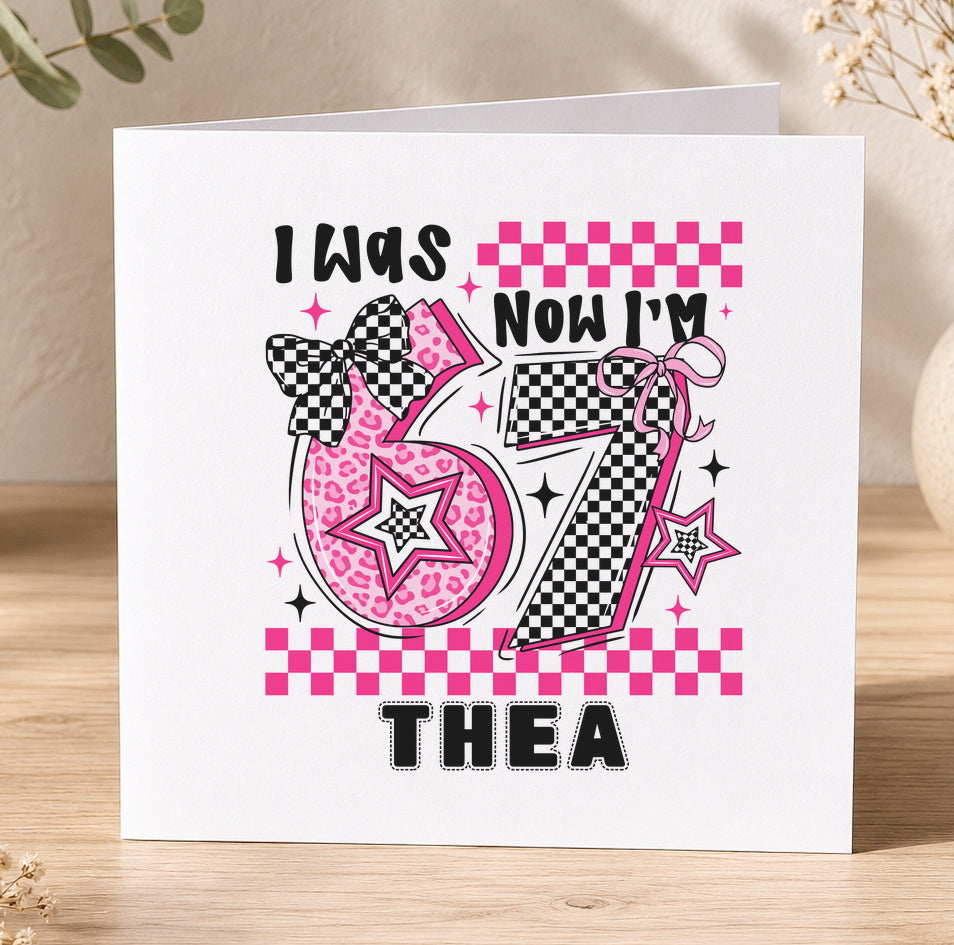 Pink and black checked 7th birthday card personalised with the name Thea and the number seven