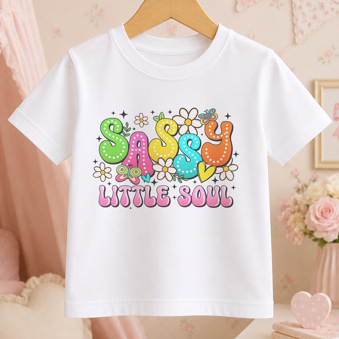 A white t-shirt with a colorful, whimsical graphic design featuring the text "Sassy Little Soul" surrounded by various decorative elements such as flowers, butterflies, and stars.
