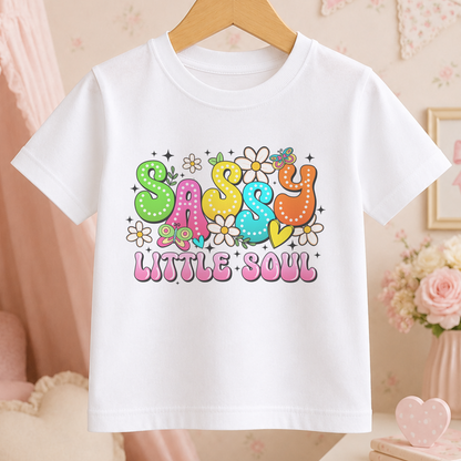 A white t-shirt with a colorful, whimsical graphic design featuring the text "Sassy Little Soul" surrounded by various decorative elements such as flowers, butterflies, and stars.
