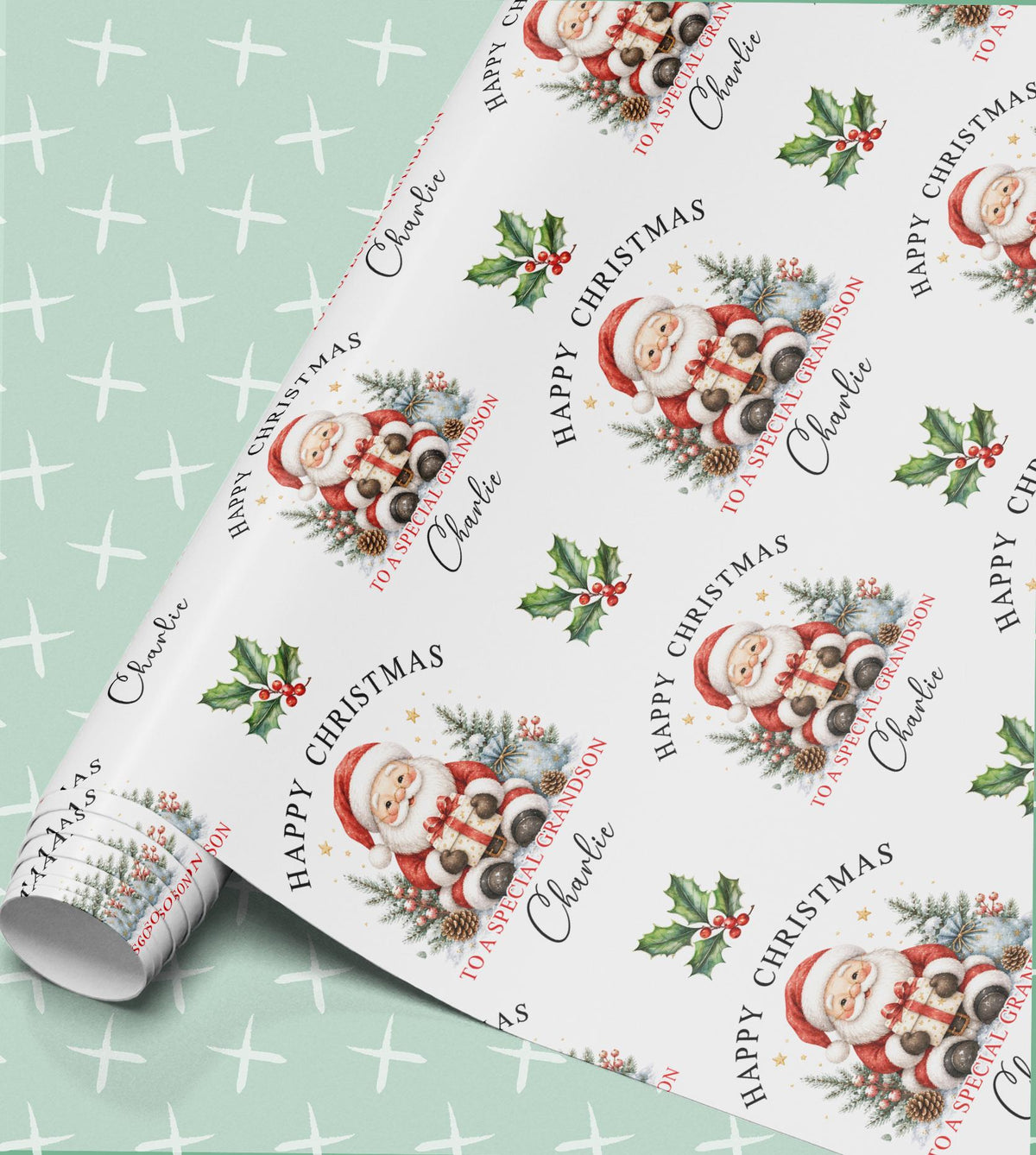 Personalised Christmas wrapping paper in mint green with Santa holding a present, holly and pinecones, Happy Christmas with a relation and name