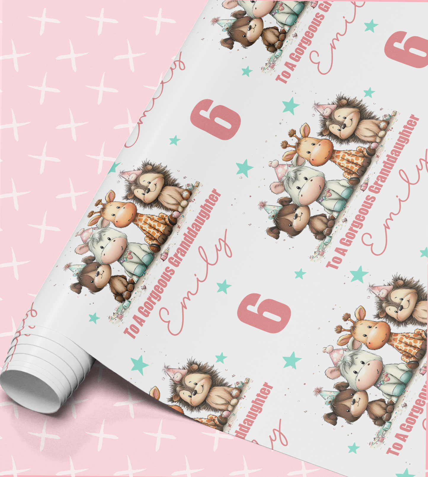 a pink background with a repeating pattern of cartoon animal characters, including a giraffe, a lion, and a zebra, along with the text "To a Gorgeous Granddaughter Emily" and the number "6".