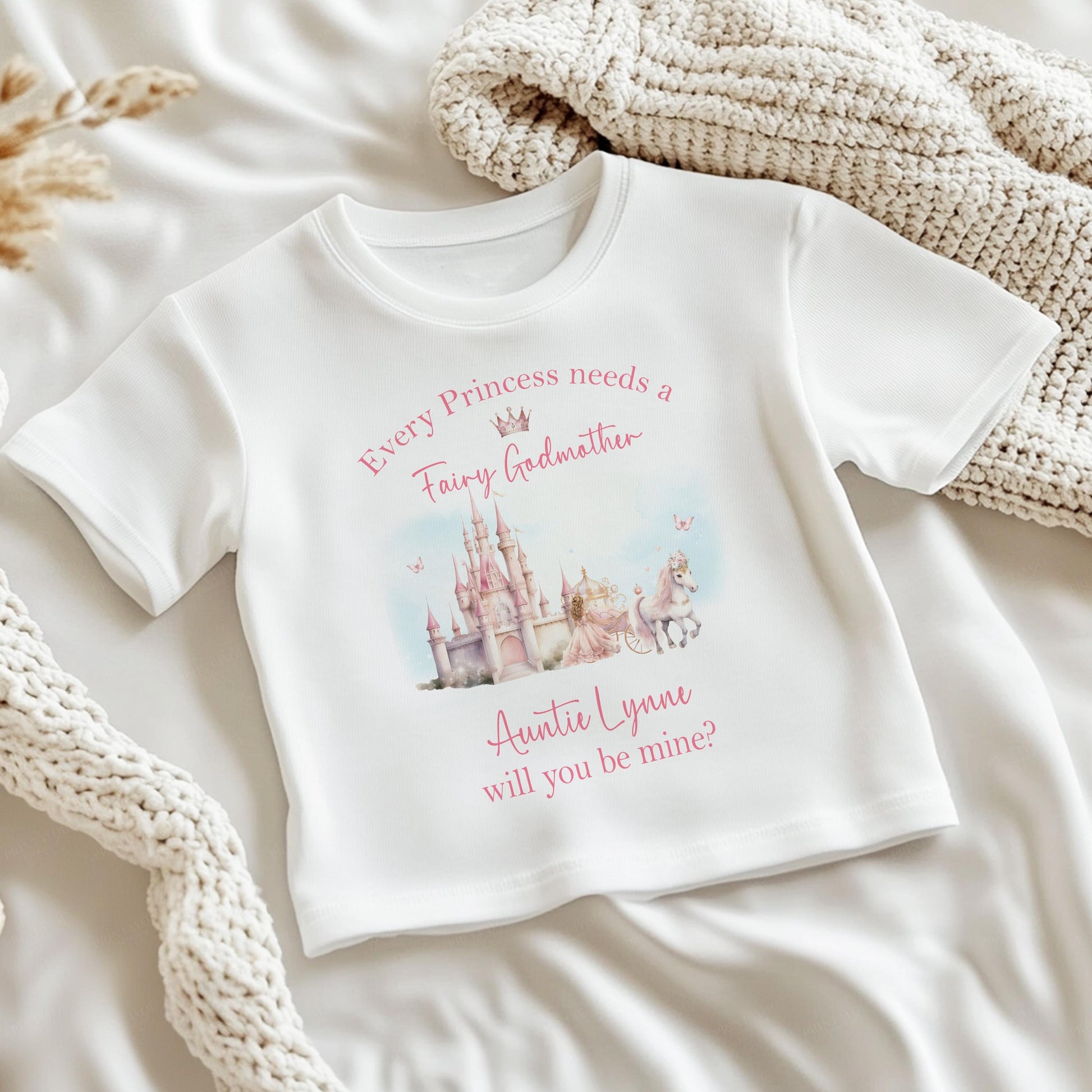 Personalised godmother proposal baby bib printed with the 'Will You Be My Godmother?' message.