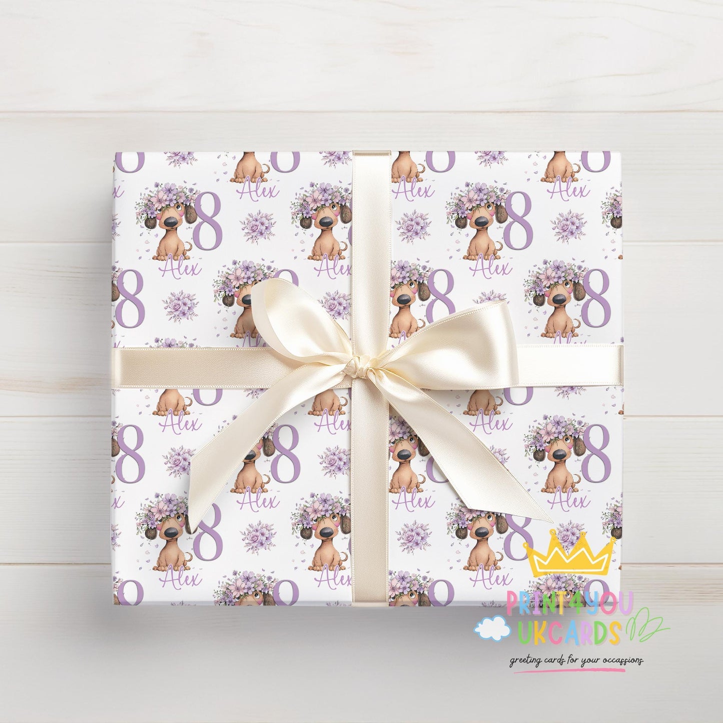 Personalised lilac floral dachshund wrapping paper laid flat showing the full repeating pattern.