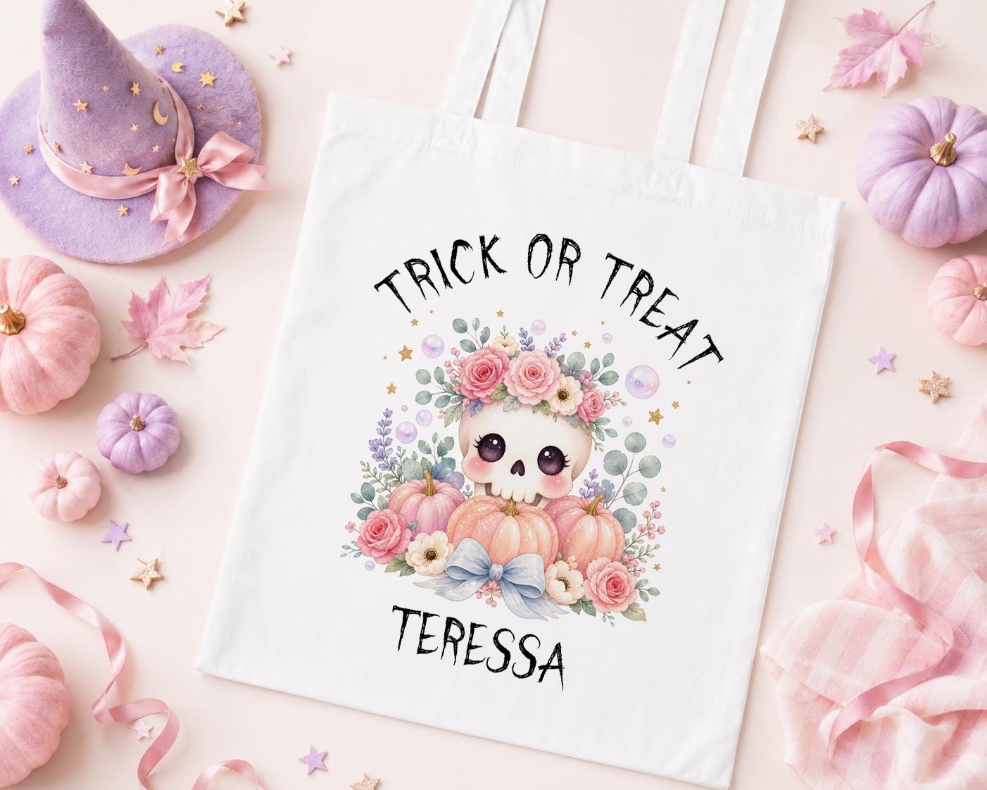Personalised Halloween Trick or Treat Bag - Floral Skull Pumpkin Tote