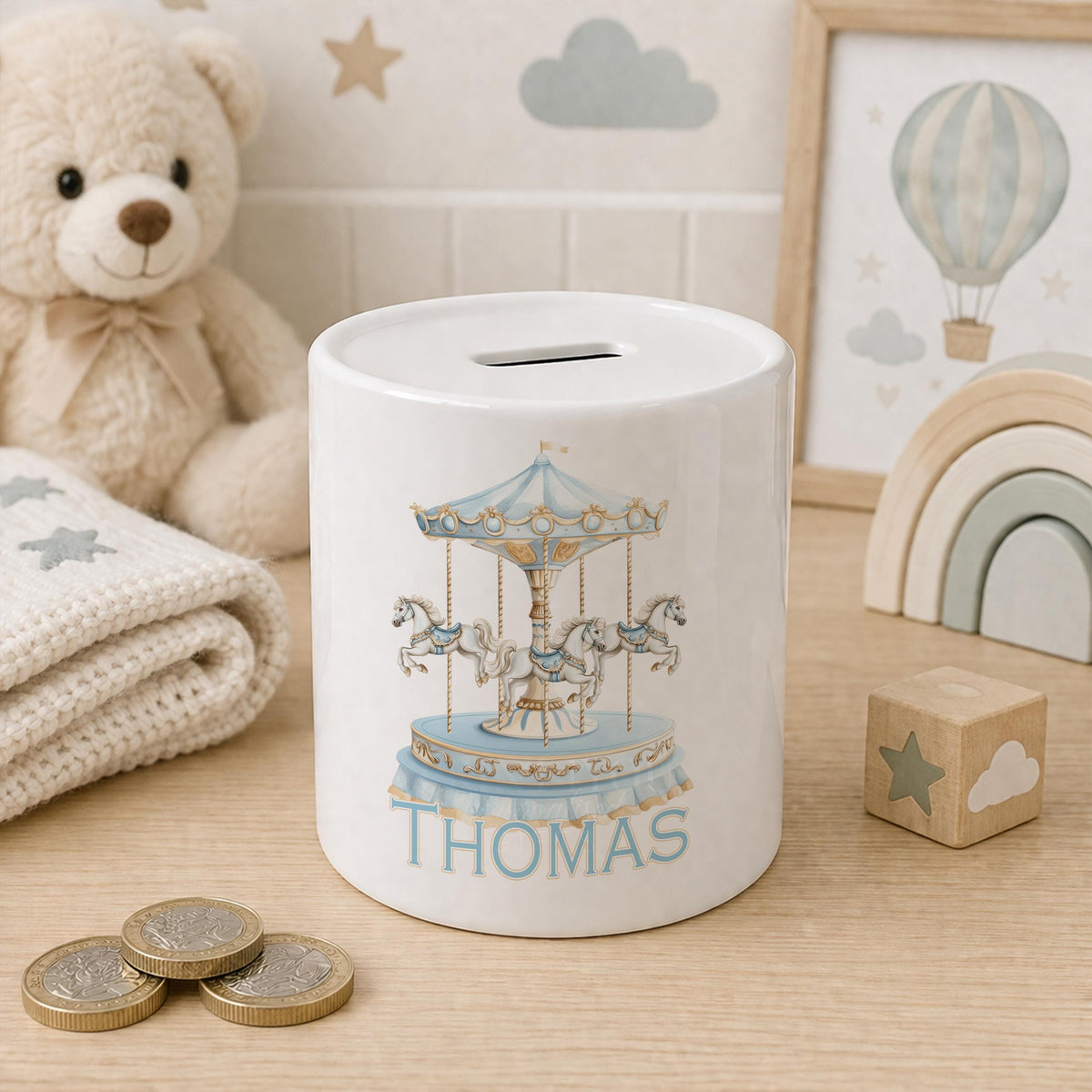 Personalised carousel ceramic coin bank with removable stopper