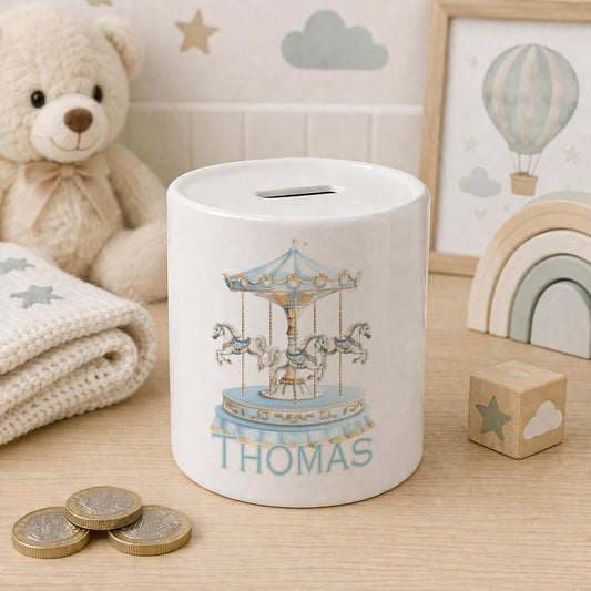 Personalised carousel ceramic coin bank with removable stopper
