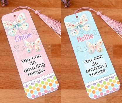Personalised aluminium butterfly bookmark with blue coloured tassel and pastel floral design
