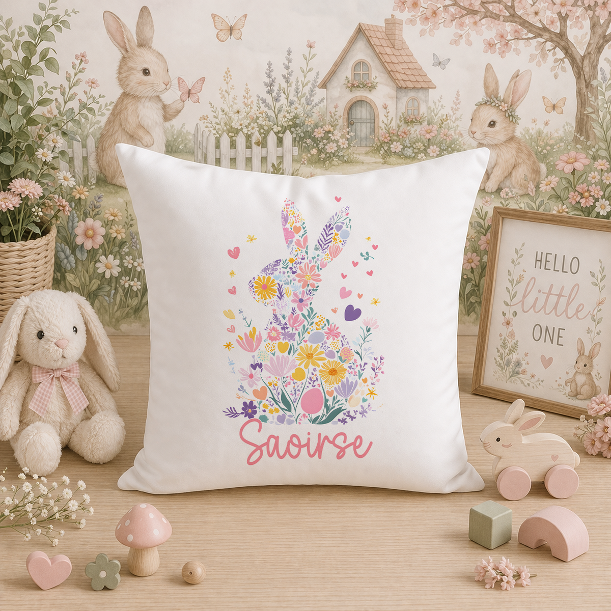 Personalised bunny rabbit cushion cover with embroidered name, cushion cover only