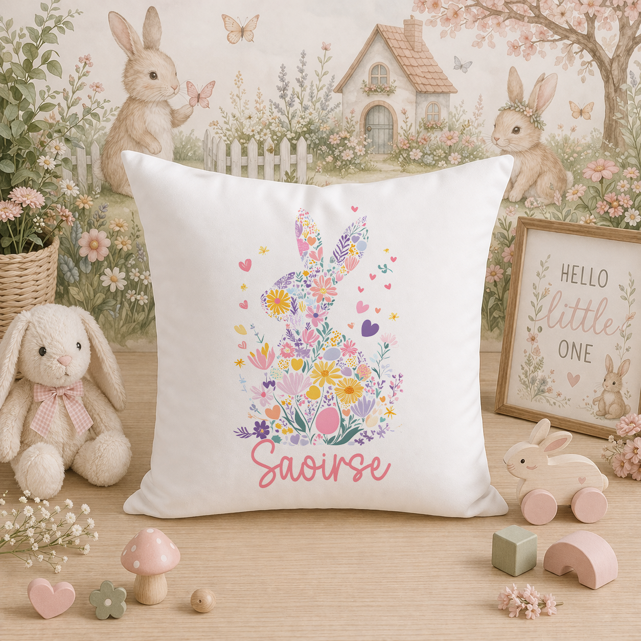 Personalised bunny rabbit cushion cover with embroidered name, cushion cover only