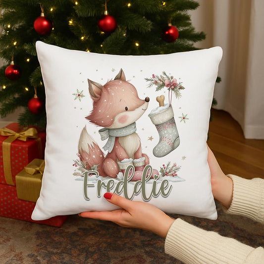 Personalised Christmas Cushion – Woodland Fox Pillow With Custom Name – Holiday Throw Pillow - Cushion cover only