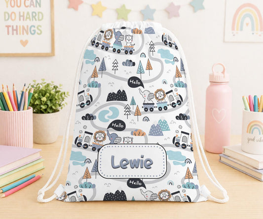 Personalised jungle animal train drawstring PE bag, customised with a name.