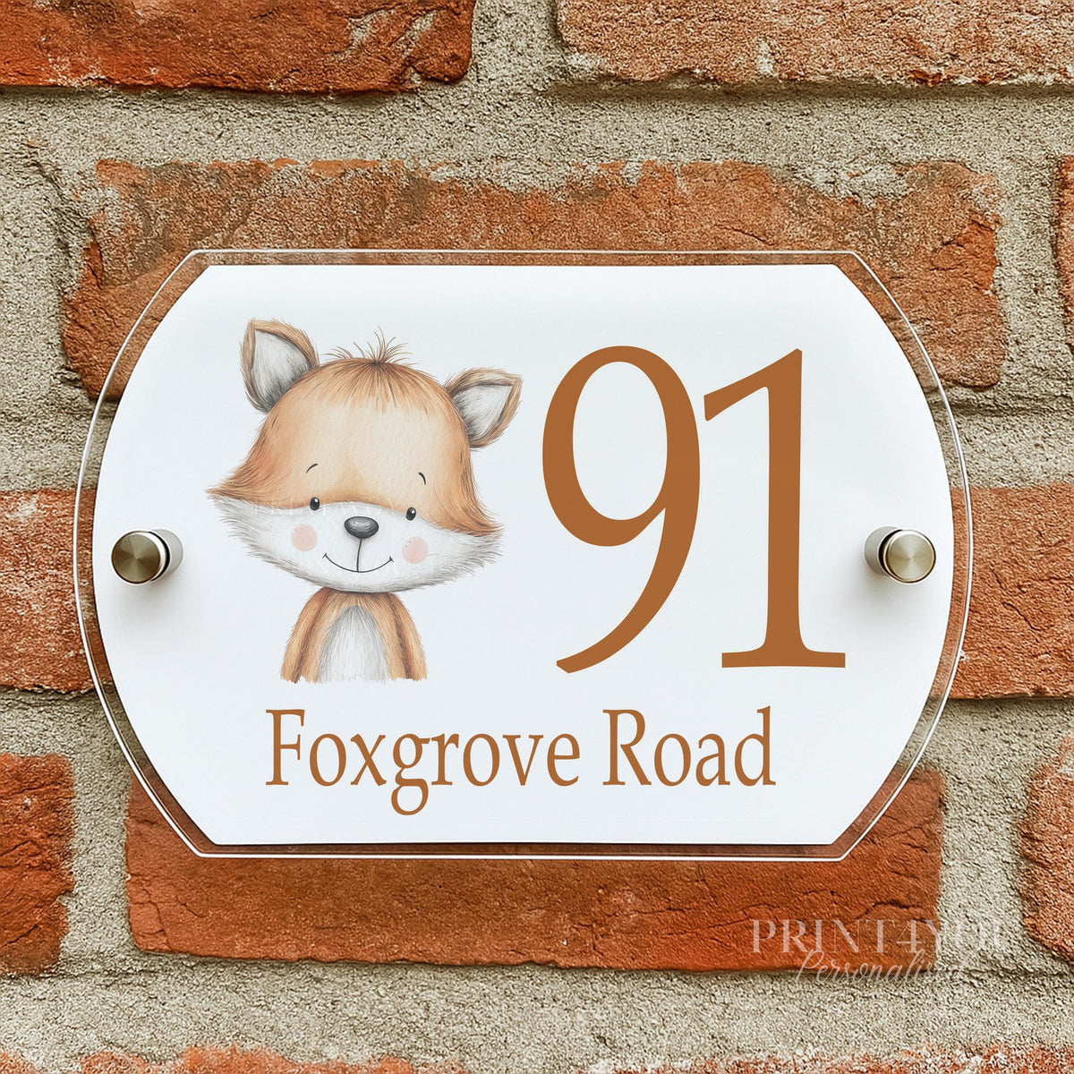 Personalised Cute Fox House Number Plaque – Custom UV Printed Door Sign – Outdoor Acrylic Street Sign 200mm x 140mm - Printed Backplate only