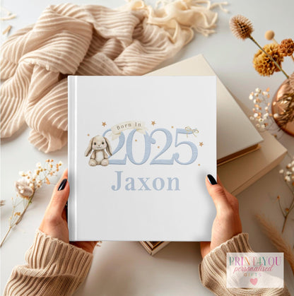 Blue bunny personalised baby photo album with name and birth date on the cover, 22x22cm