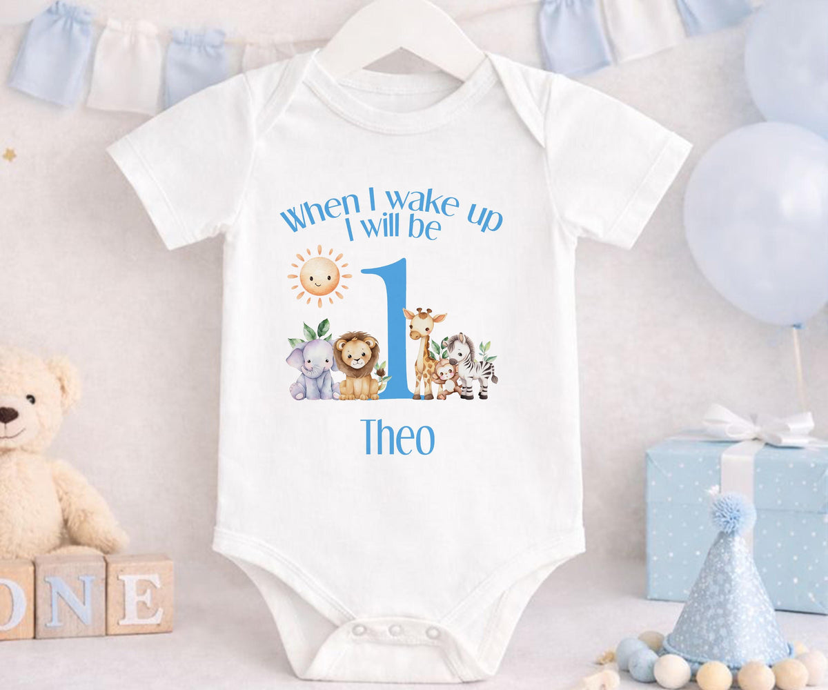 Close-up of the safari print on personalised blue striped 1st birthday pyjamas