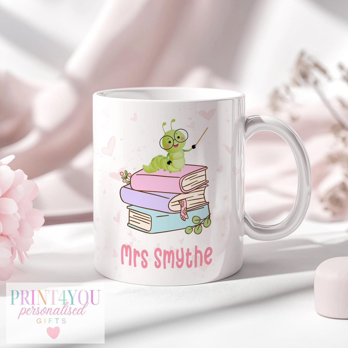 Personalised Teacher Mug – Custom Ceramic Mug With Name – Thank You Gift - Pink handle