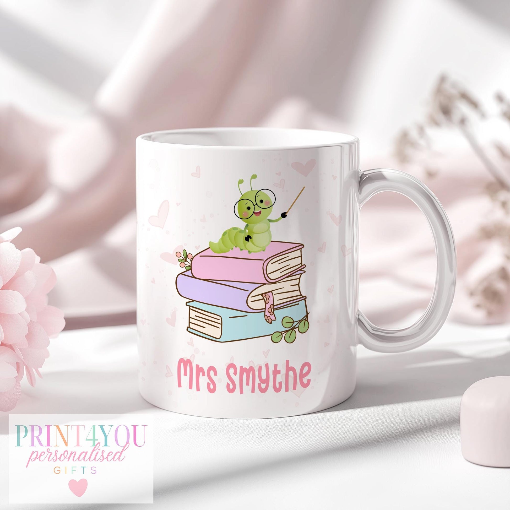 Personalised Teacher Mug – Custom Ceramic Mug With Name – Thank You Gift - Pink handle