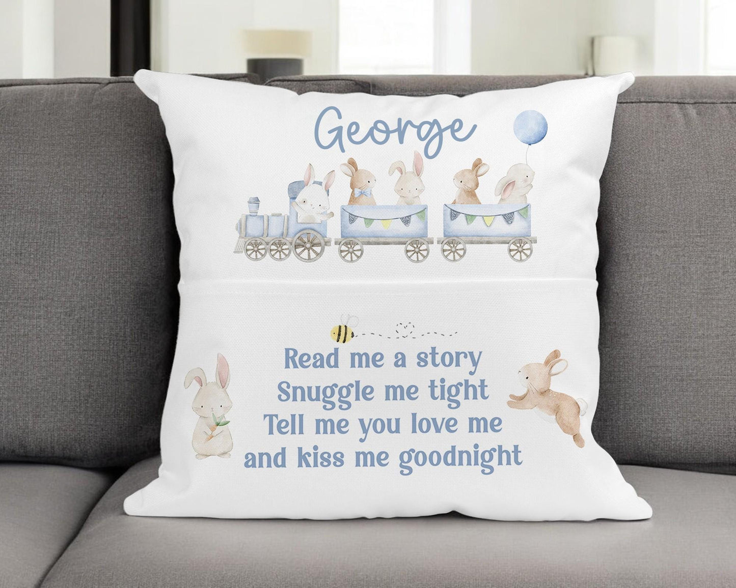 Personalised bunny rabbit and blue train book cushion cover only