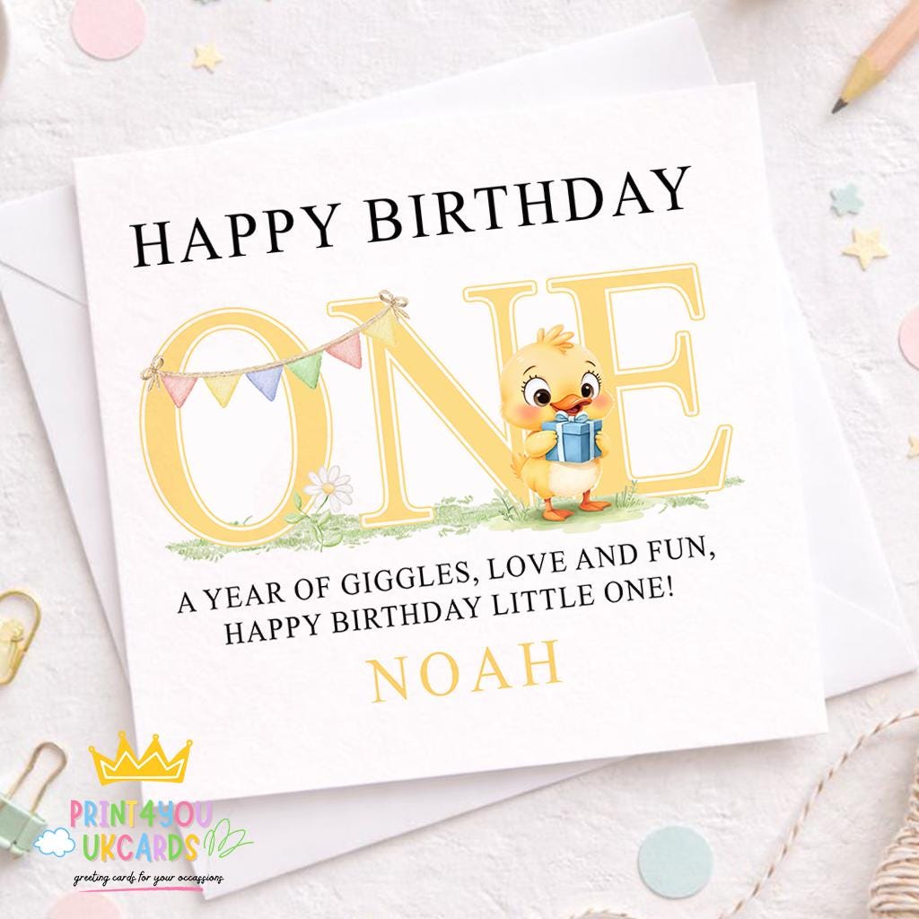 Front view of the personalised yellow duck first birthday card printed on 350gsm card stock.
