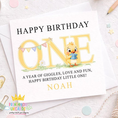 Front view of the personalised yellow duck first birthday card printed on 350gsm card stock.