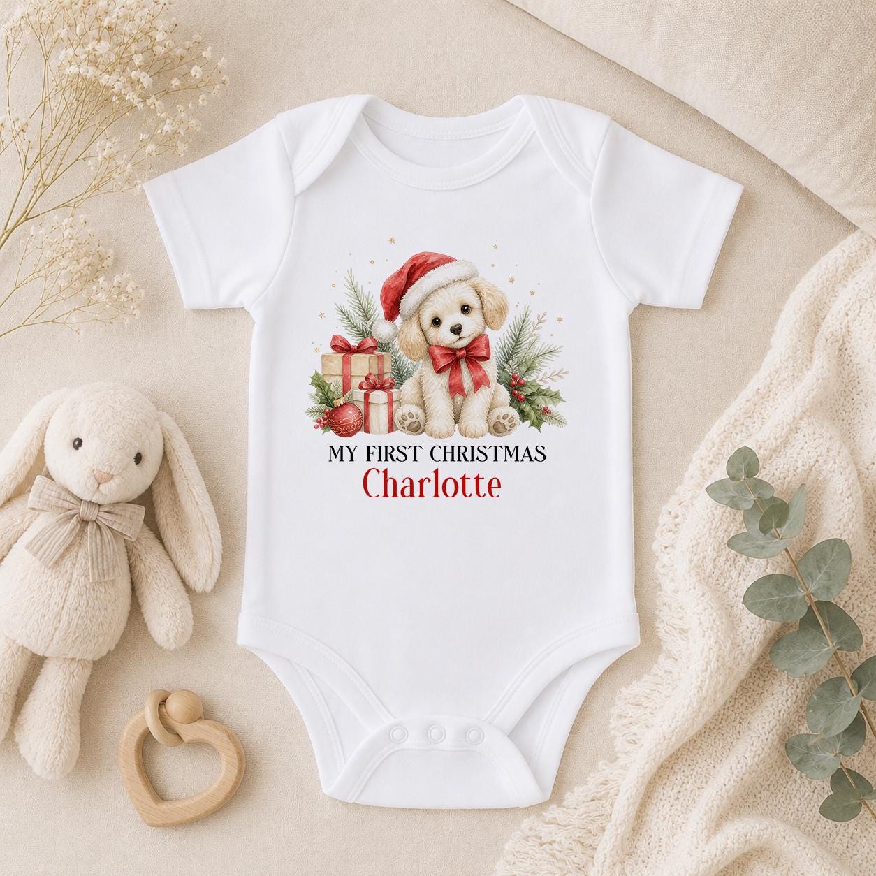 Personalised First Christmas Outfit, Puppy Dog Baby Vest Sleepsuit