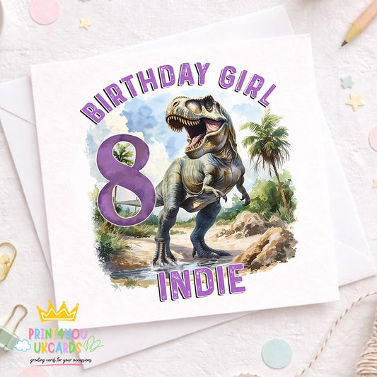 Square birthday greeting card with purple T-Rex dinosaur design personalised with a name and age