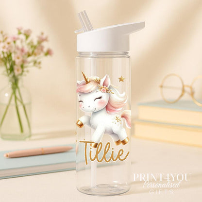 Personalised 750ml unicorn water bottle with flip straw lid, showing the UV-printed unicorn design and the child's custom name
