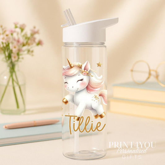 Personalised 750ml unicorn water bottle with flip straw lid, showing the UV-printed unicorn design and the child's custom name