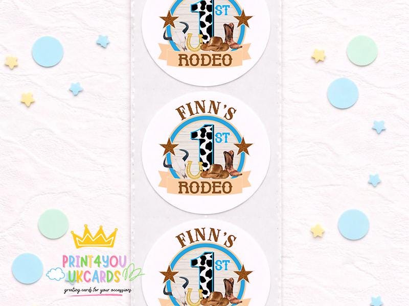 Strip of glossy round first birthday cowboy party stickers personalised with a child's name