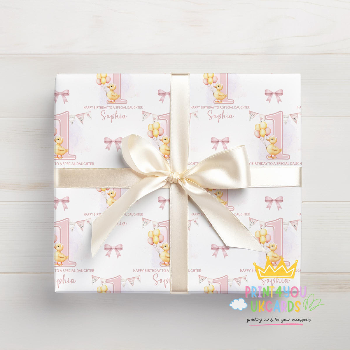 Printed 1st birthday wrapping paper shown as wrapping paper